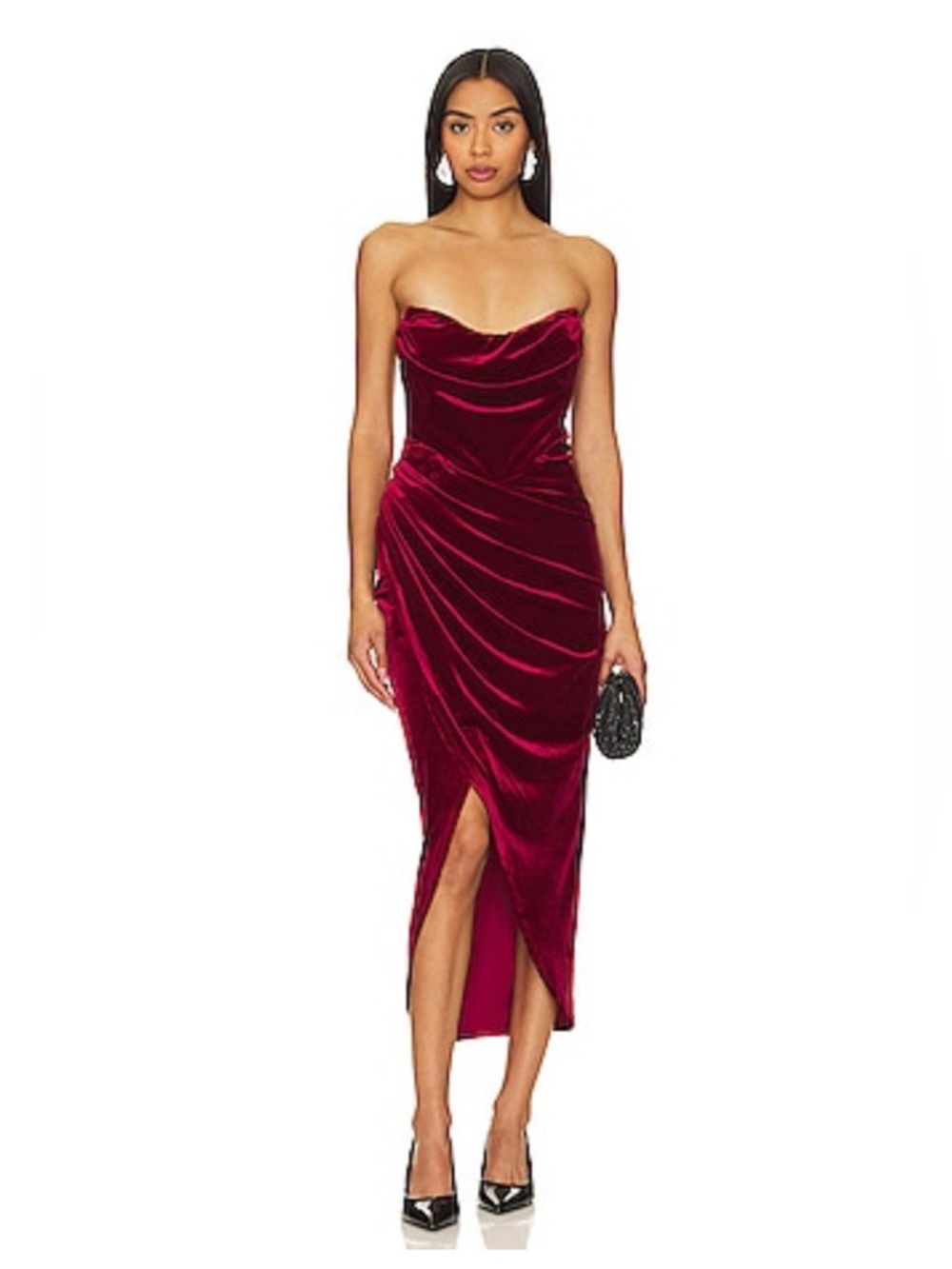 REVOLVE ASTR the label Meghan Velvet Dress Strapless Ruched Midi Dress in Red
